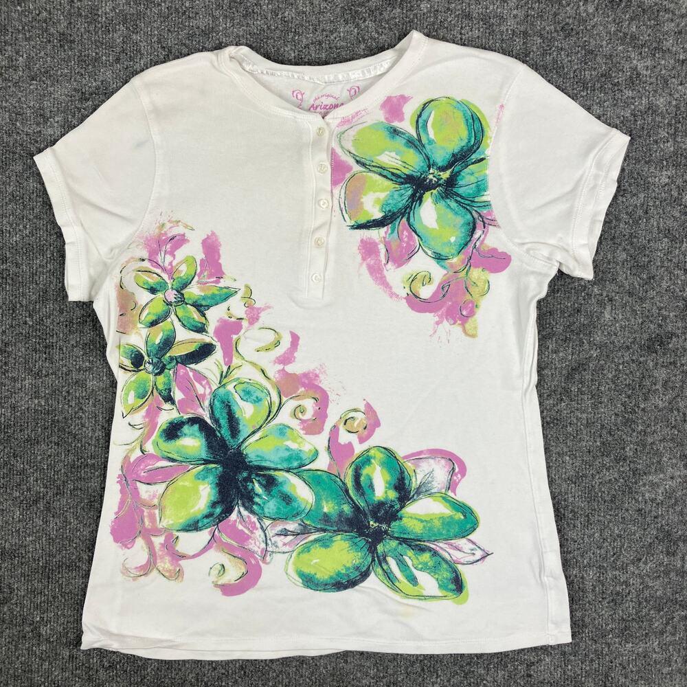 Arizona Jean Co T-Shirt Womens XXL White Floral‎ Graphic Henley Short Sleeve Tee